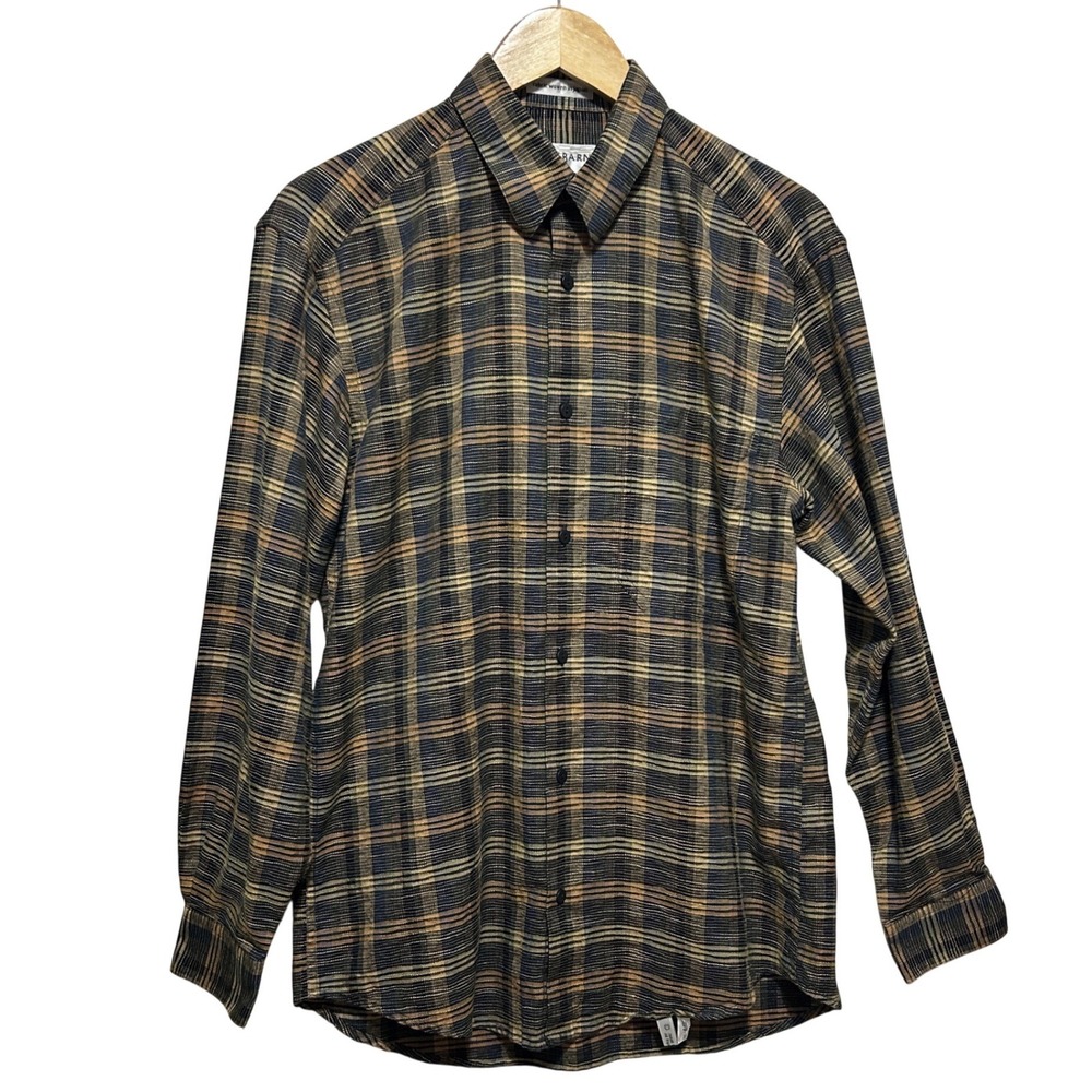 Jhane Barnes Mens Button Up Shirt S Brown Green Plaid Textured‎ Japan Designer